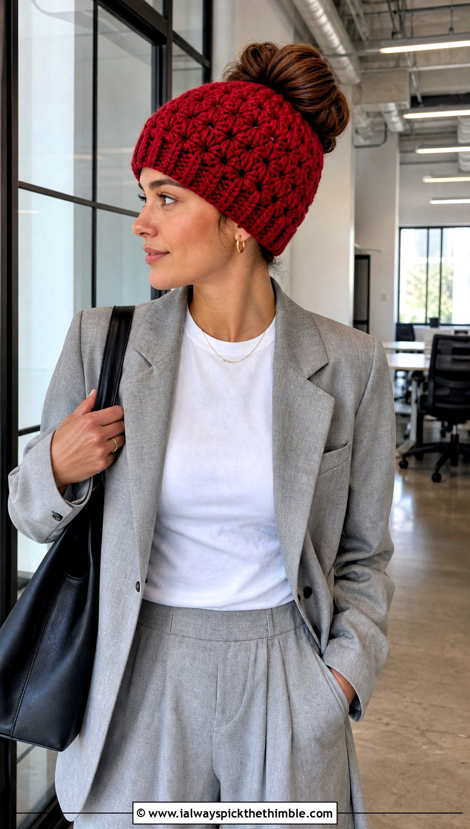 Star Stitch Messy Bun Crochet Hat With Pantsuit - 20 Easy Messy Bun Crochet Hat outfit ideas