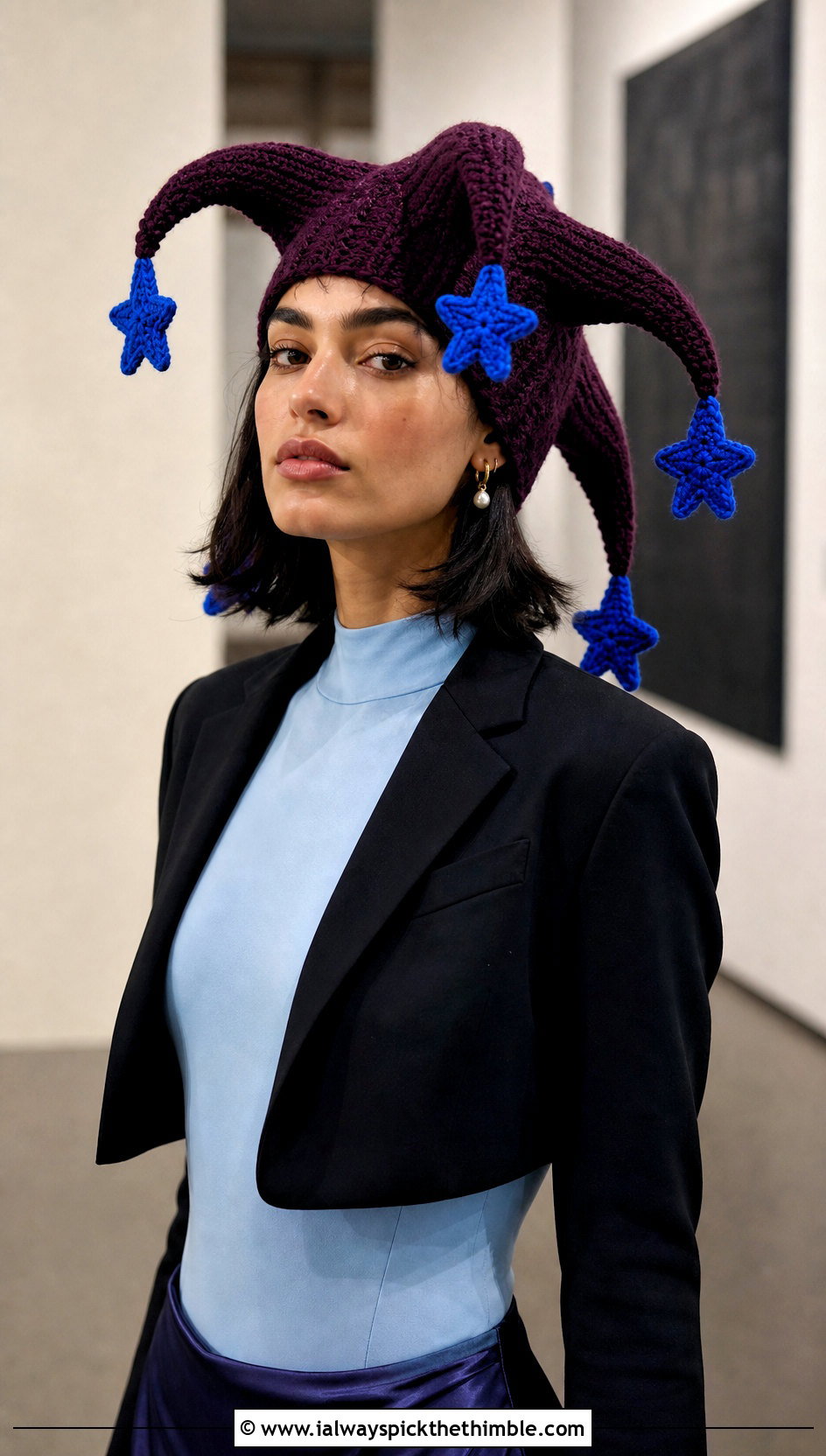 Star Tip Crochet Jester Hat With Satin Skirt - 25 crochet jester hat outfit ideas