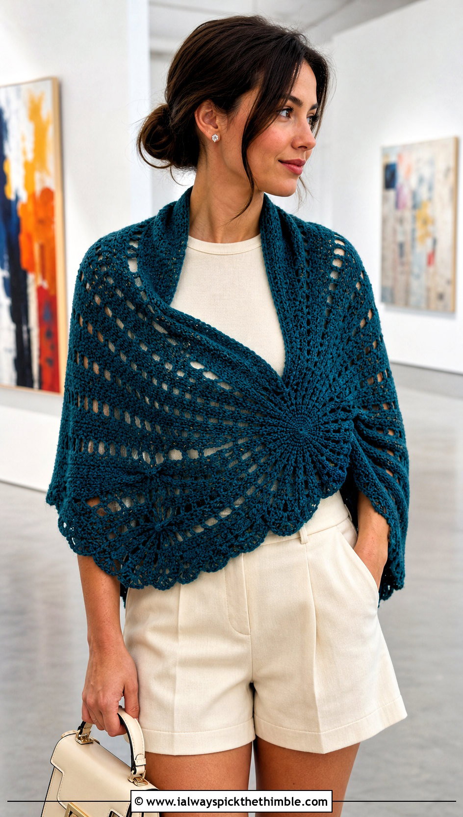 Starburst Circular Crochet Shawl With Tailored Shorts - 20 star crochet shawl outfit ideas