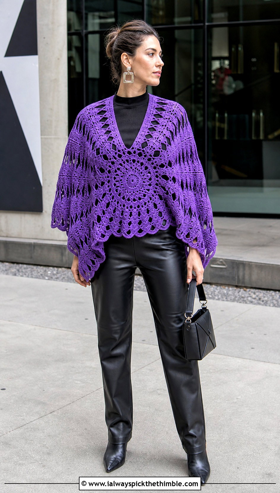 Starburst Circular Jacket With Leather Pants - 15 Crochet Circular Jacket outfit ideas