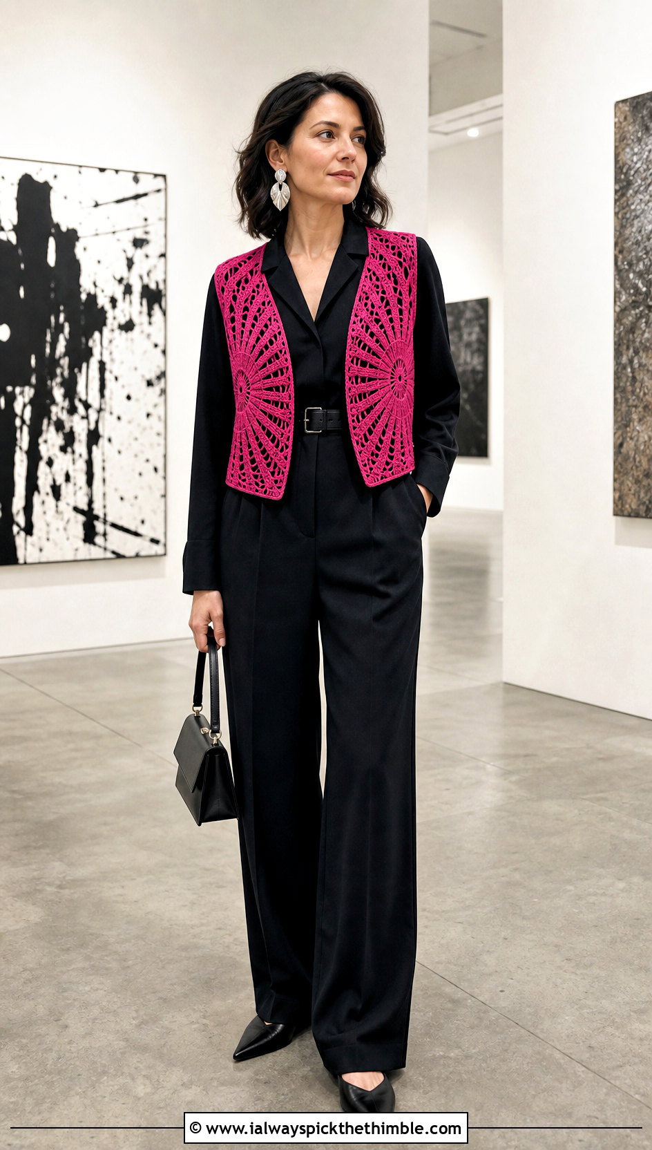 Starburst Crochet Circle Vest With Black Jumpsuit - 25 crochet circle vest outfit ideas