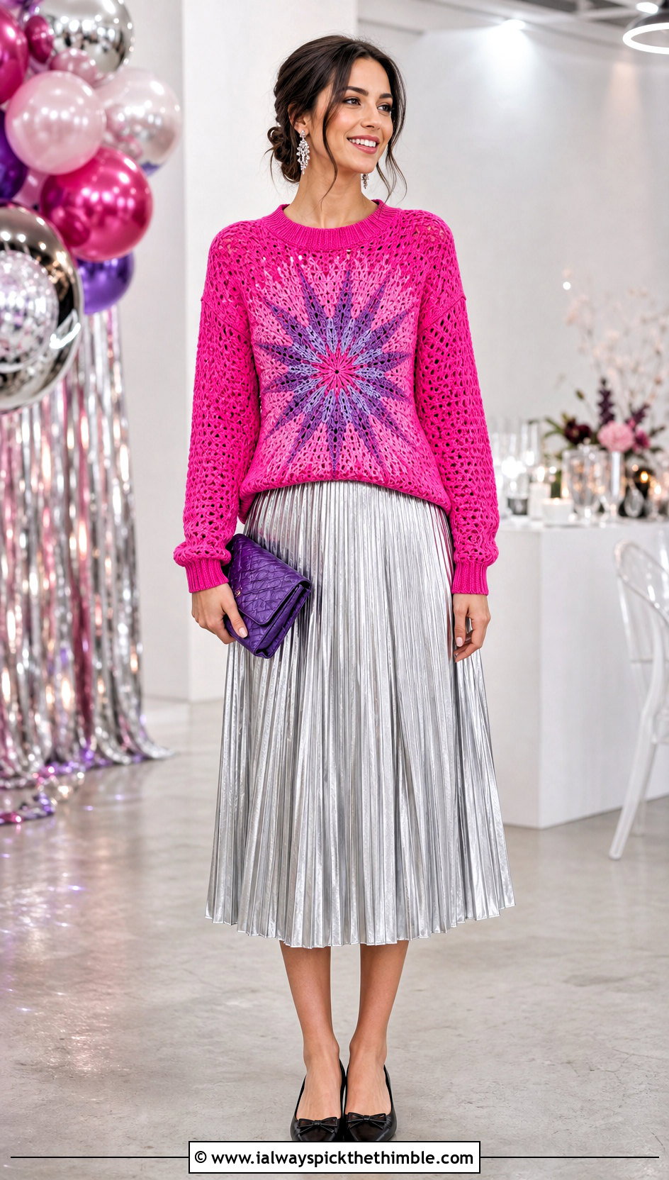 Starburst Crochet Graphic Sweater With Metallic Midi Skirt - 20 crochet graphic sweater outfit ideas