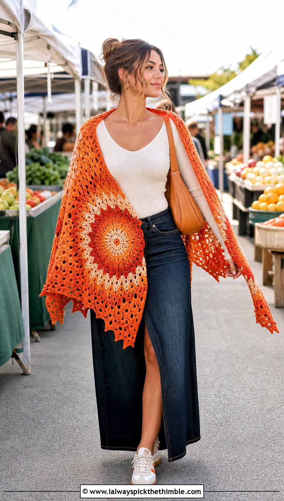 Starburst Crochet Mandala Shawl With Denim Maxi Skirt - 20 Crochet Mandala Shawl outfit ideas