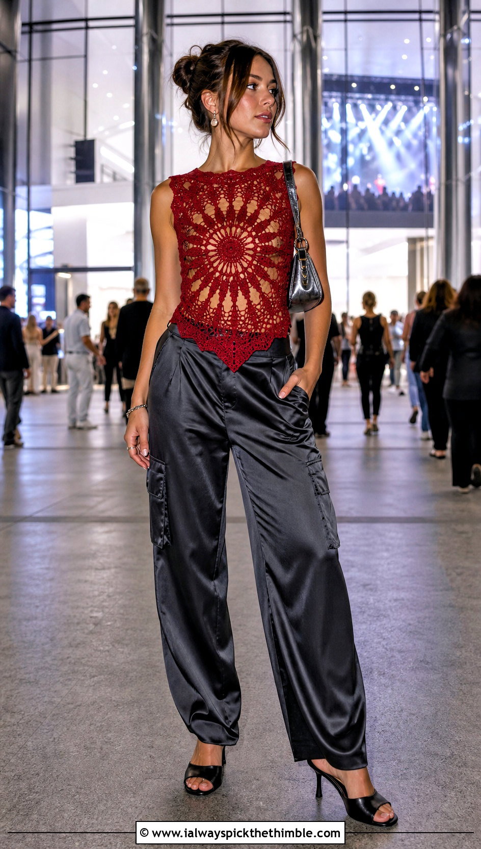 Starburst Crochet Mandala Top With Satin Cargo Pants - 25 crochet mandala top outfit ideas