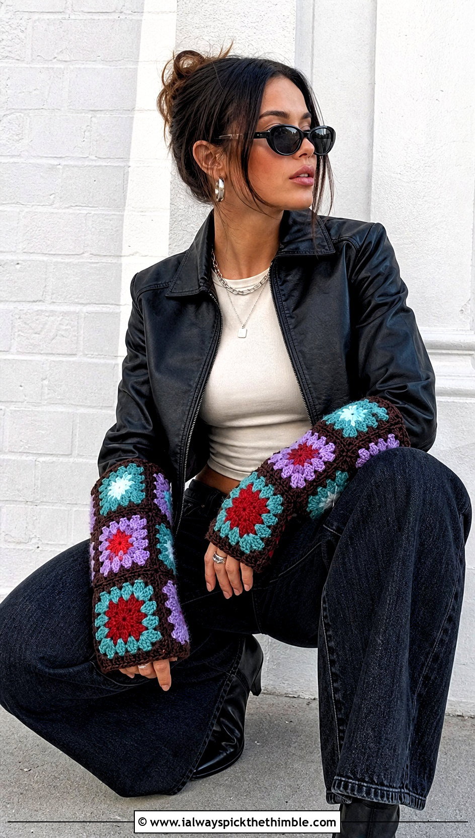 Starburst Granny Square Crochet Arm Warmers With Leather Jacket - 25 crochet arm warmers outfit ideas