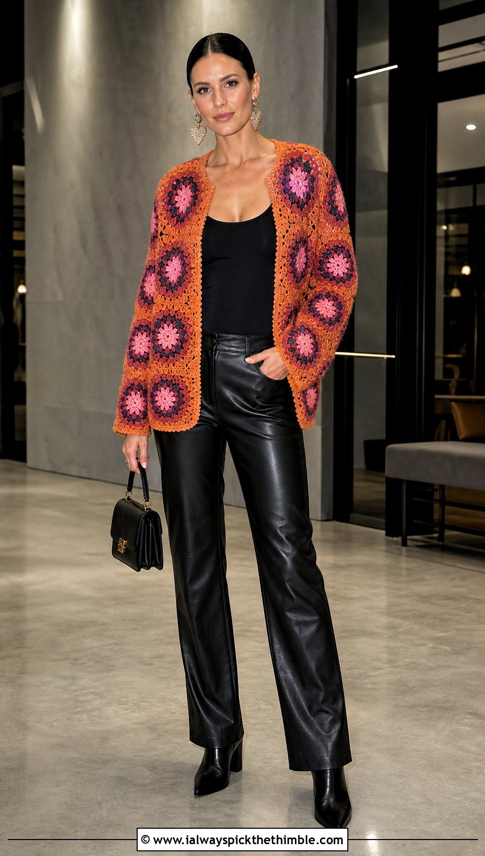 Starburst Granny Square Hexagon Crochet Cardigan With Leather Pants - 20 Hexagon Crochet Cardigan With Granny Squares outfit ideas