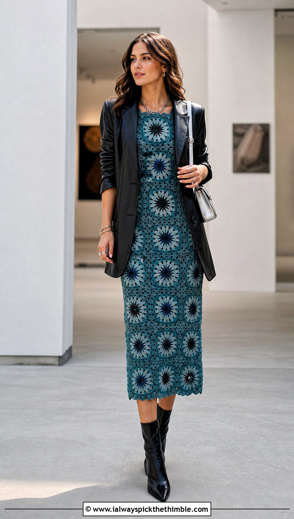 Starburst Granny Square Midi Dress With Leather Blazer - 20 Granny Square Crochet Dress outfit ideas