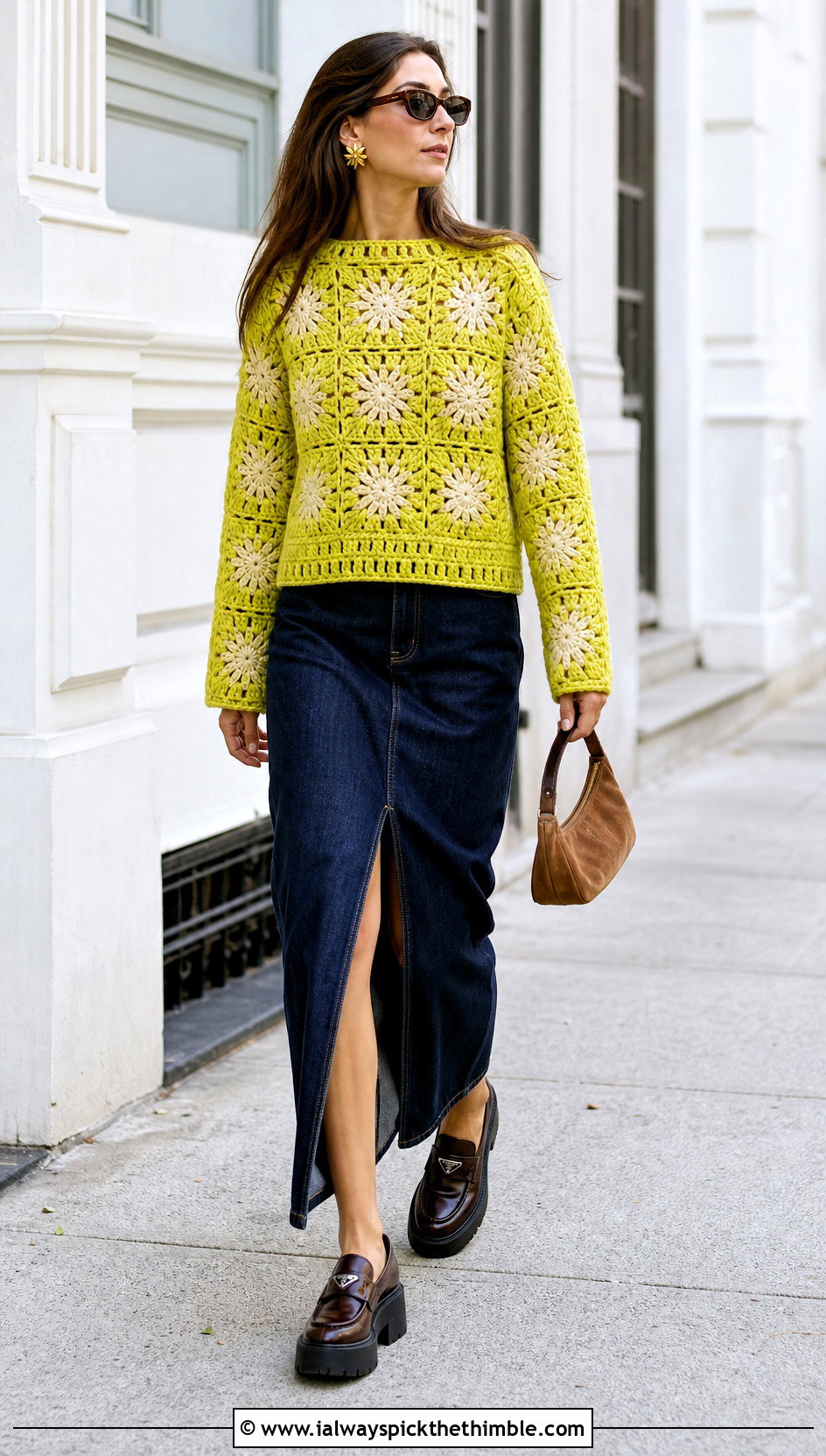 Starburst Granny Square Pullover With Denim Maxi Skirt - 20 crochet granny square pullover sweater outfit ideas