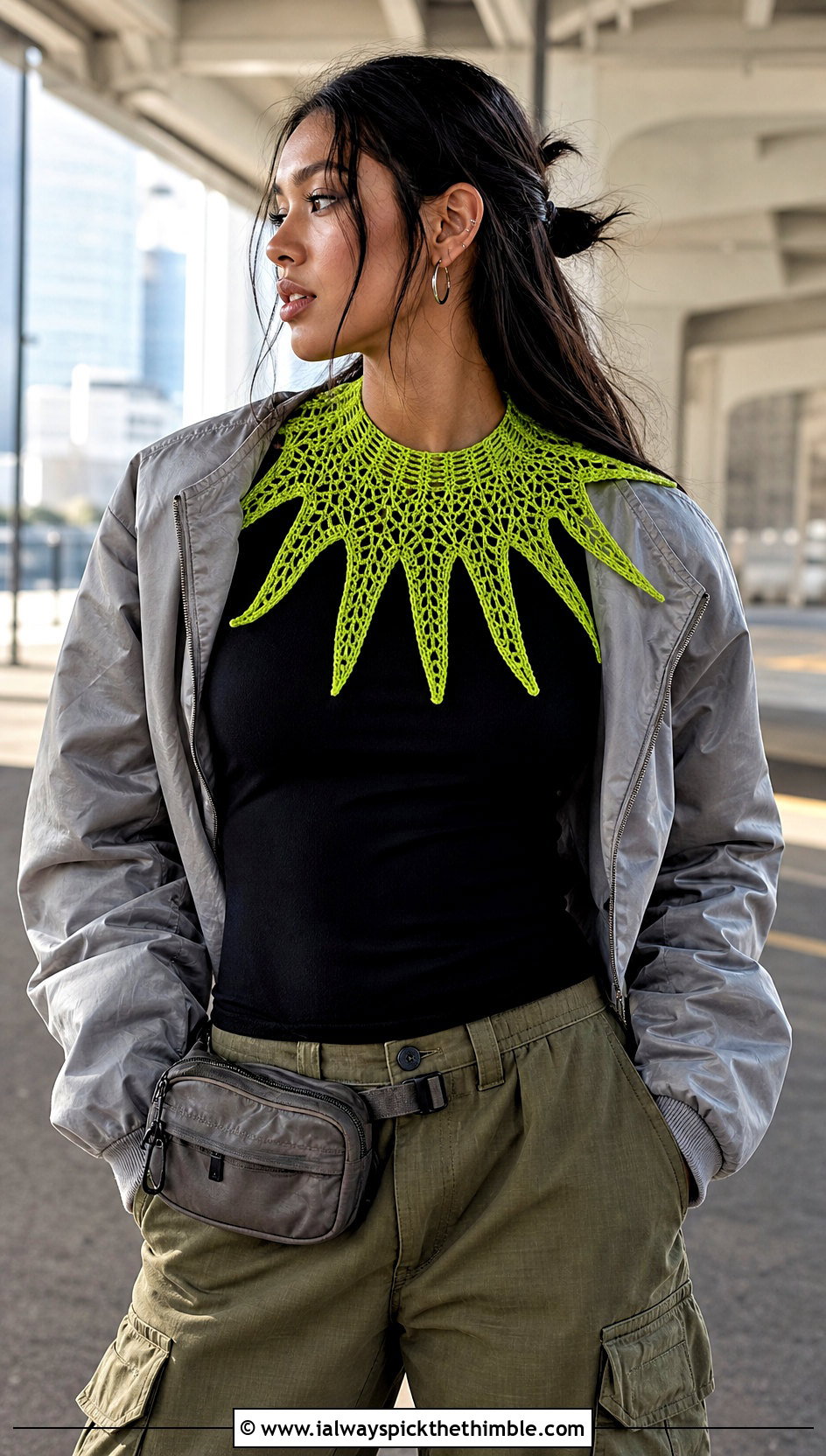 Starburst Mesh Lace Crochet Collar With Bomber Jacket And Cargo Pants - 20 Lace Crochet Collar outfit ideas