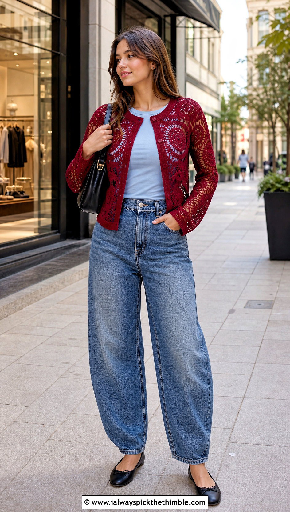 Starburst Motif Lace Cardigan With Barrel Jeans - 25 crochet lace cardigan outfit ideas
