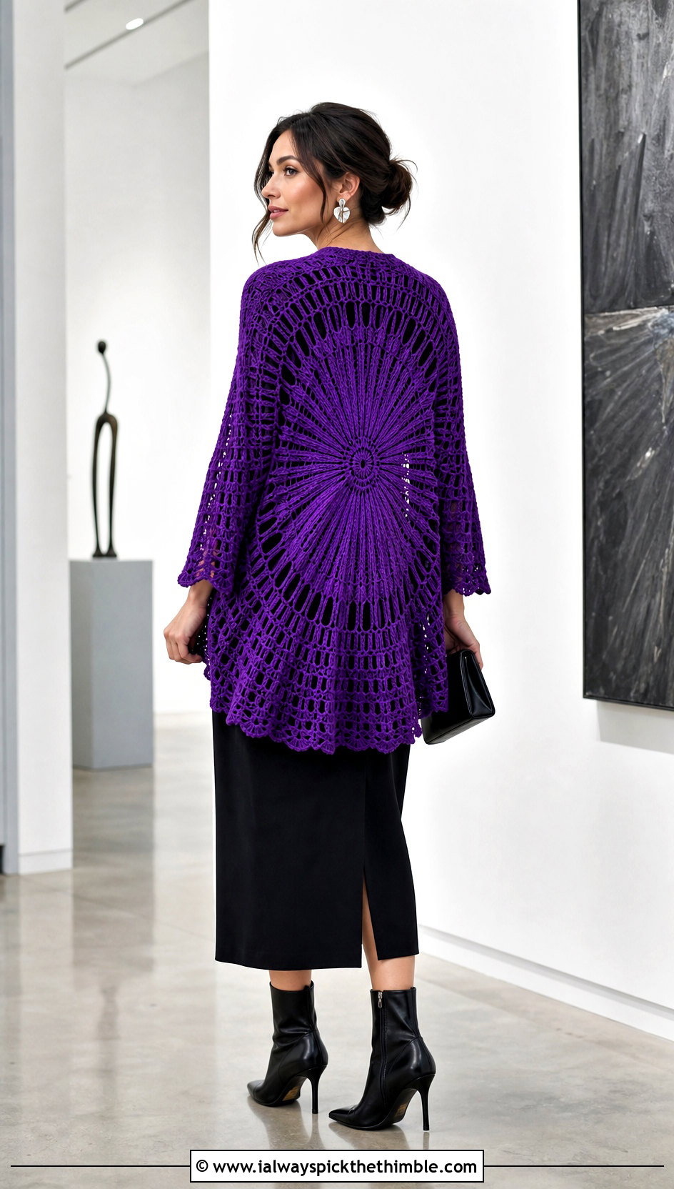 Starburst Round Crochet Cardigan With Black Midi Dress - 25 round crochet cardigan outfit ideas