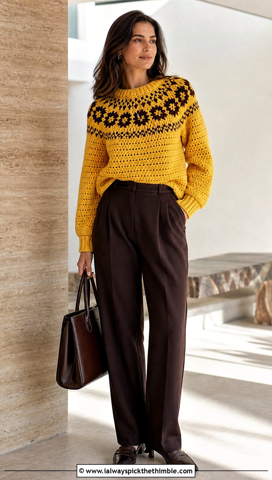 Starburst Yoke Nordic Crochet Sweater With Tailored Trousers - 20 nordic crochet sweater outfit ideas