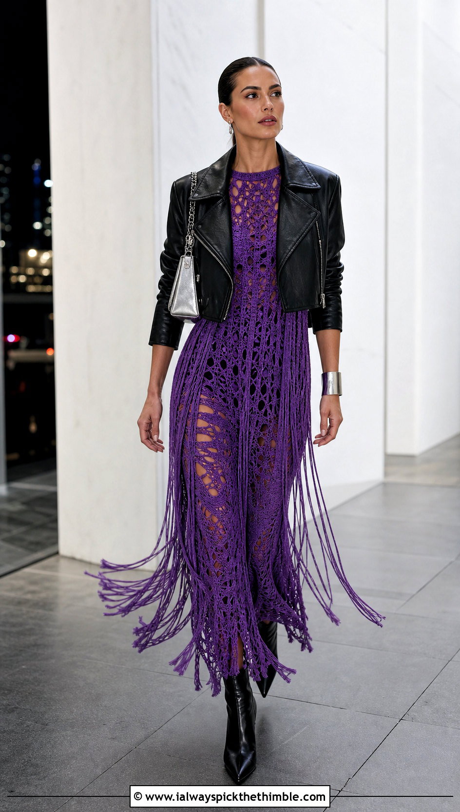 Stella McCartney Fringed Crochet Maxi Dress With Leather Jacket - 15 Stella Mccartney Crochet Dress outfit ideas