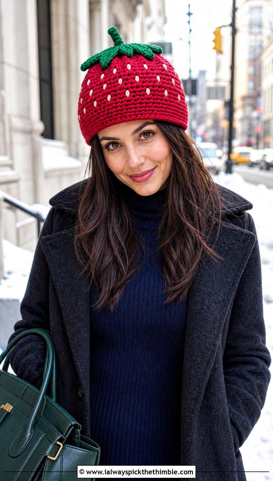 Stem Top Strawberry Crochet Hat With Sweater Dress - 20 strawberry crochet hat outfit ideas