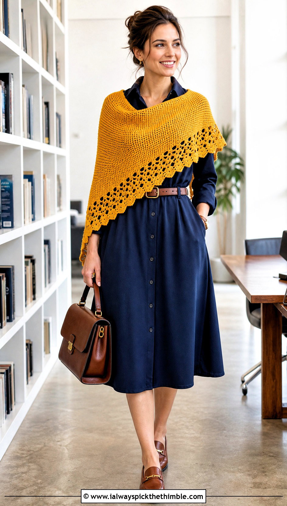 Stepped Triangle Tunisian Wrap With Shirt Dress - 20 Tunisian Crochet Wrap outfit ideas