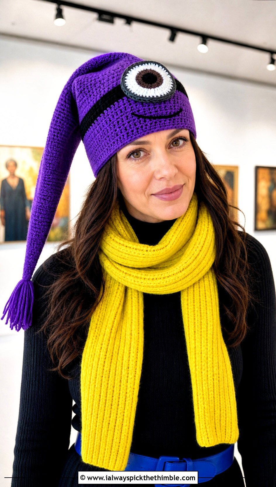 Stocking Crochet Cap And Ribbed Scarf With Sweater Dress - 15 minion-themed crochet hat and scarf outfit ideas