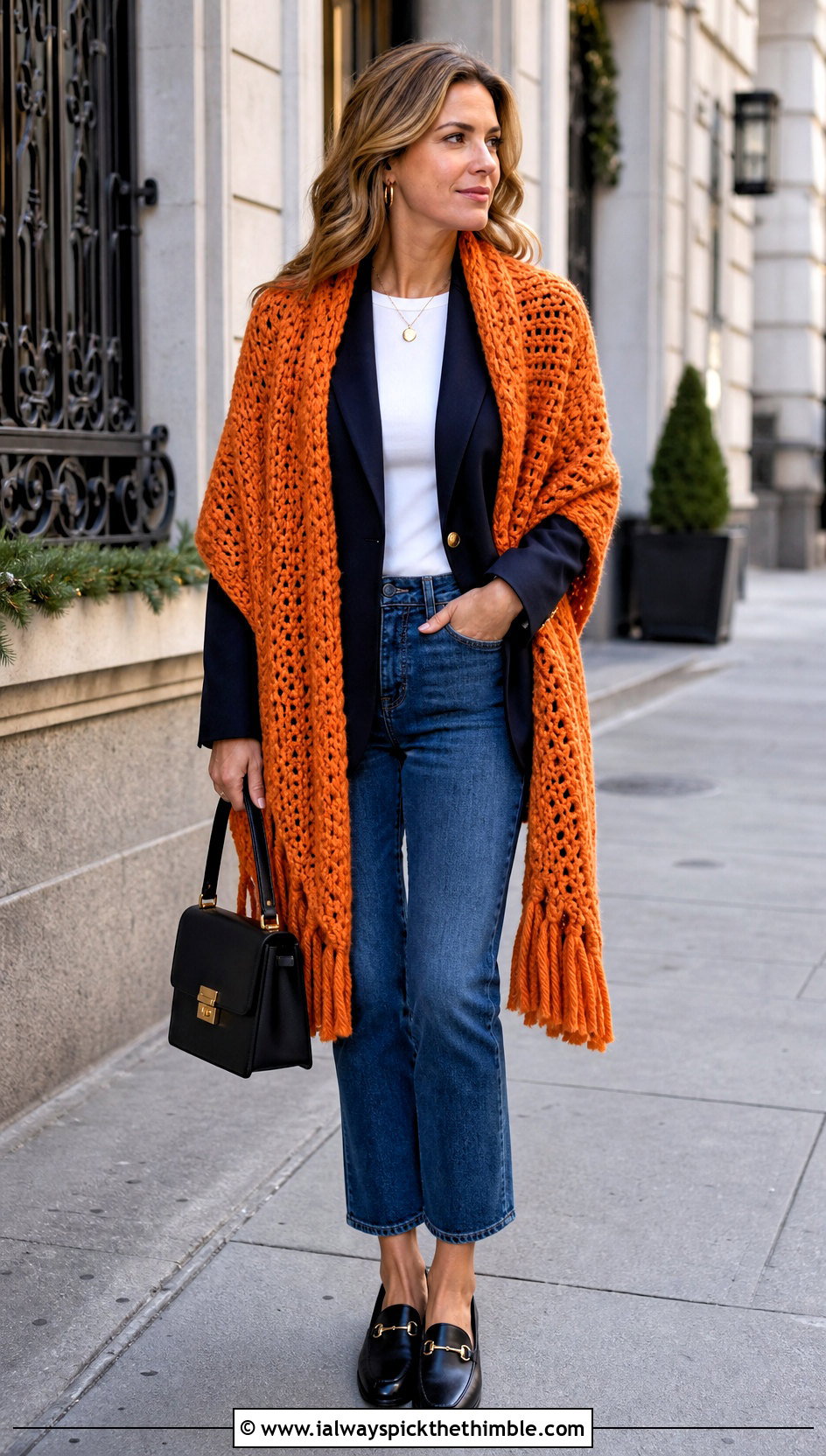 Stole Crochet Chunky Shawl With Blazer And Jeans - 20 Crochet Chunky Shawl outfit ideas