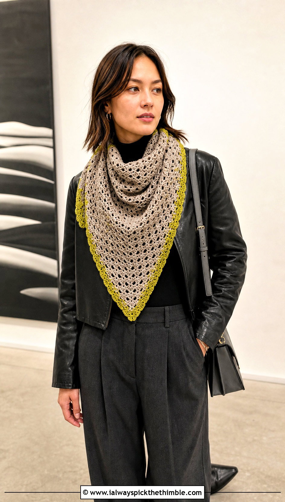 Stone Triangle Crochet Scarf With Leather Jacket - 15 neutral tone crochet scarf outfit ideas