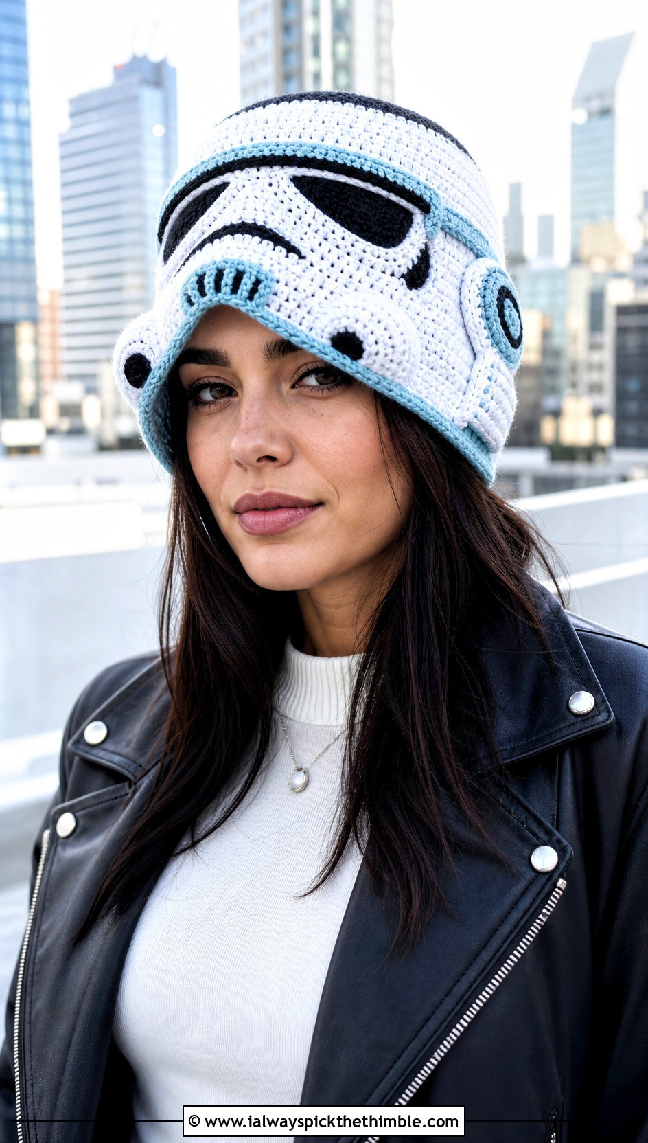 Stormtrooper Crochet Helmet Hat With Leather Jacket - 20 crochet star wars hat outfit ideas