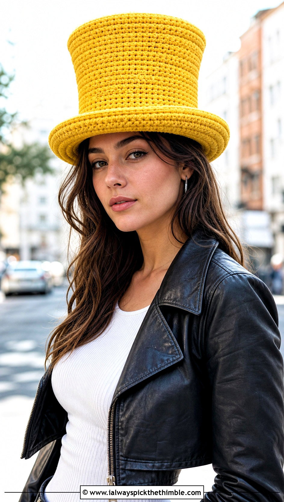 Stovepipe Crochet Top Hat With Leather Jacket - 25 crochet top hat outfit ideas