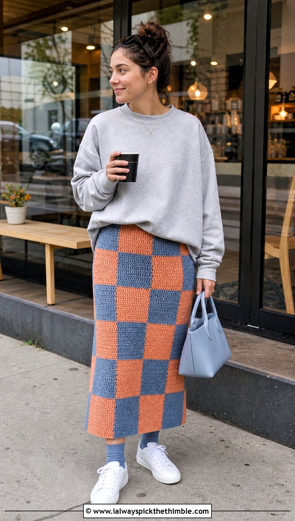 Straight Crochet Checkered Skirt With Sweatshirt - 20 crochet checkered skirt outfit ideas