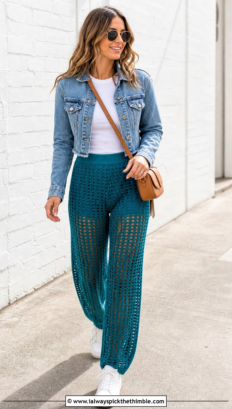 Straight Leg Crochet Mesh Pants With Denim Jacket - 25 crochet mesh pants outfit ideas