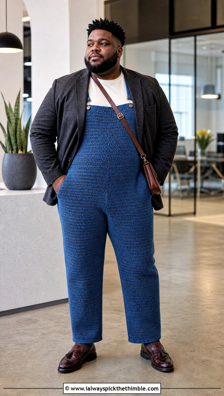 Straight Leg Crochet Overalls With Blazer - 15 crochet overalls men outfit ideas