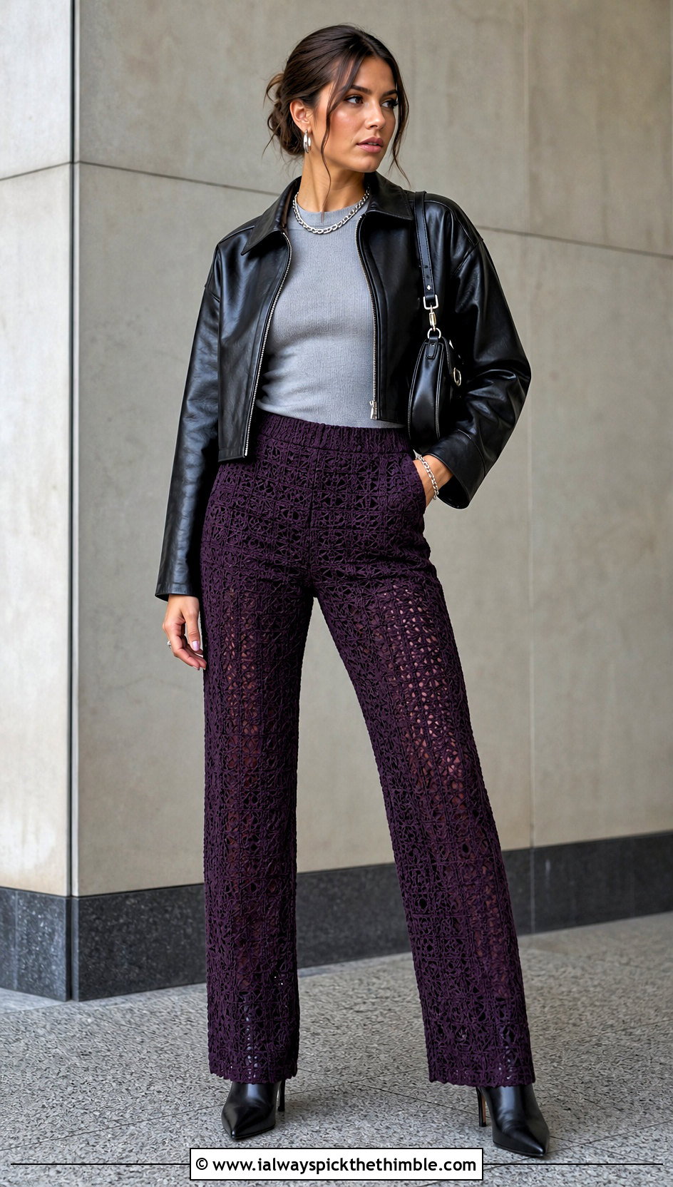 Straight Leg Crochet Pants With Leather Jacket - 25 crochet pants outfit ideas