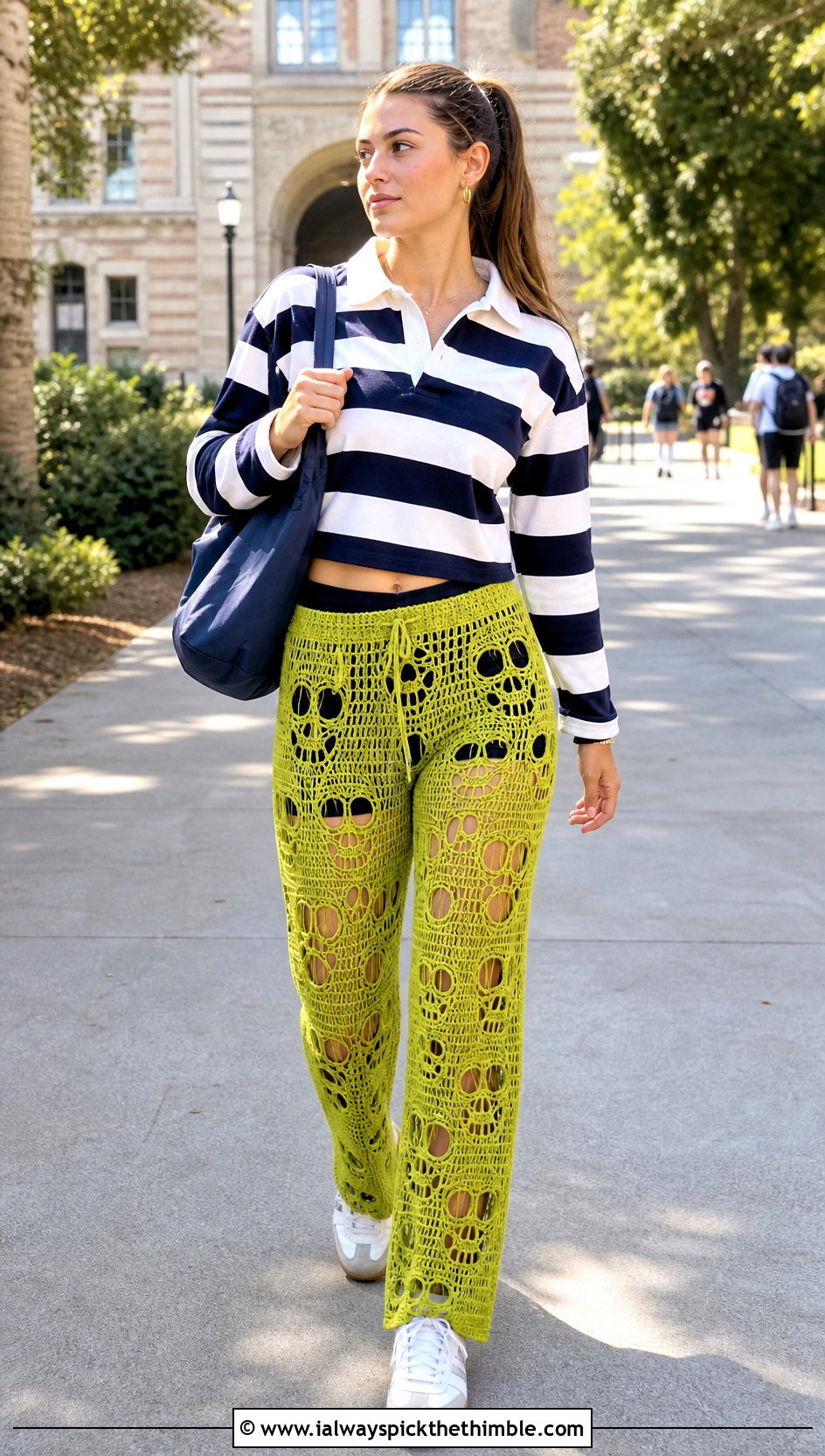 Straight Leg Crochet Skull Pants With Rugby Shirt - 20 Crochet Skull Pants outfit ideas
