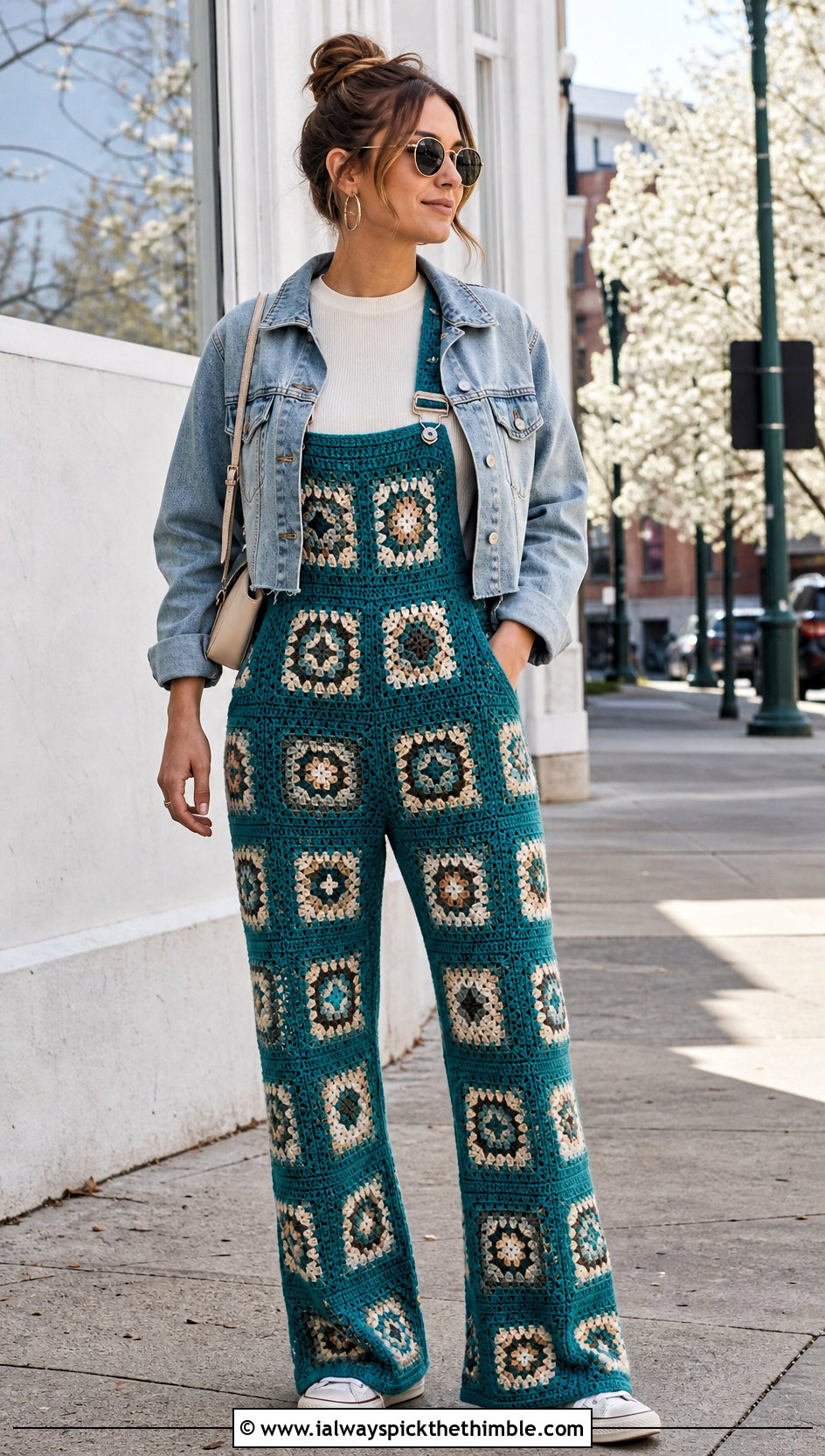 Straight Leg Granny Square Crochet Overalls With Denim Jacket - 20 Granny Square Crochet Overalls outfit ideas