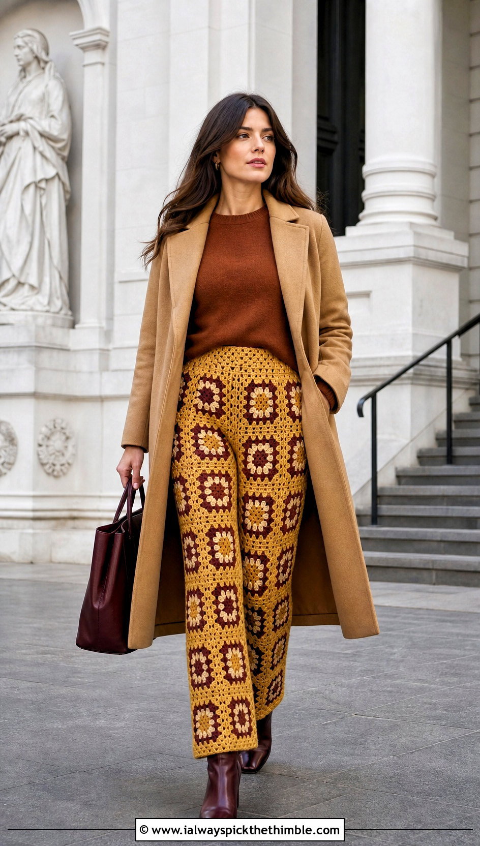 Straight Leg Granny Square Pants With Cashmere Sweater - 25 crochet granny square pants outfit ideas