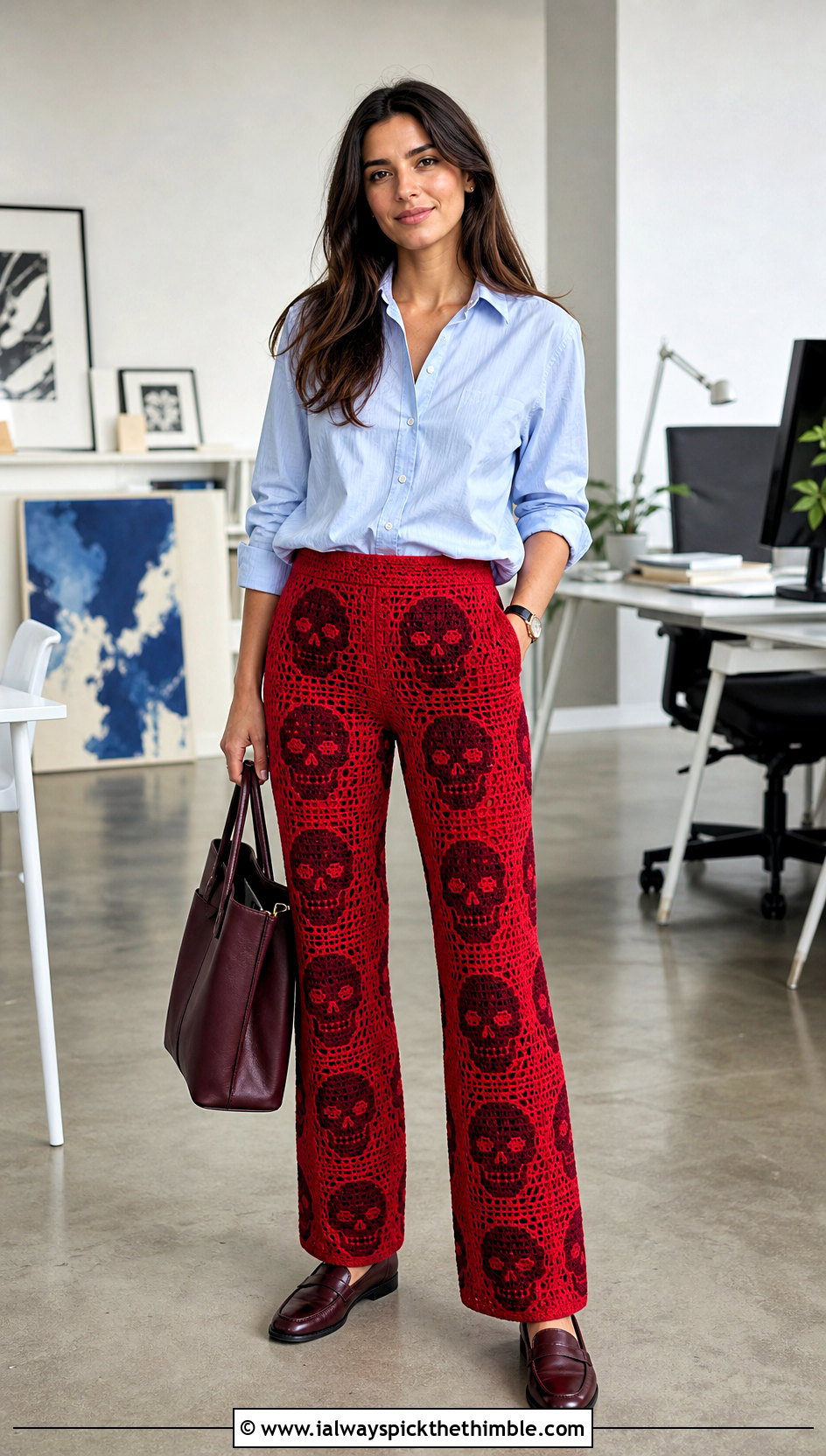 Straight Leg Skull Crochet Pants With Button Down Shirt - 15 Skull Crochet Pants outfit ideas