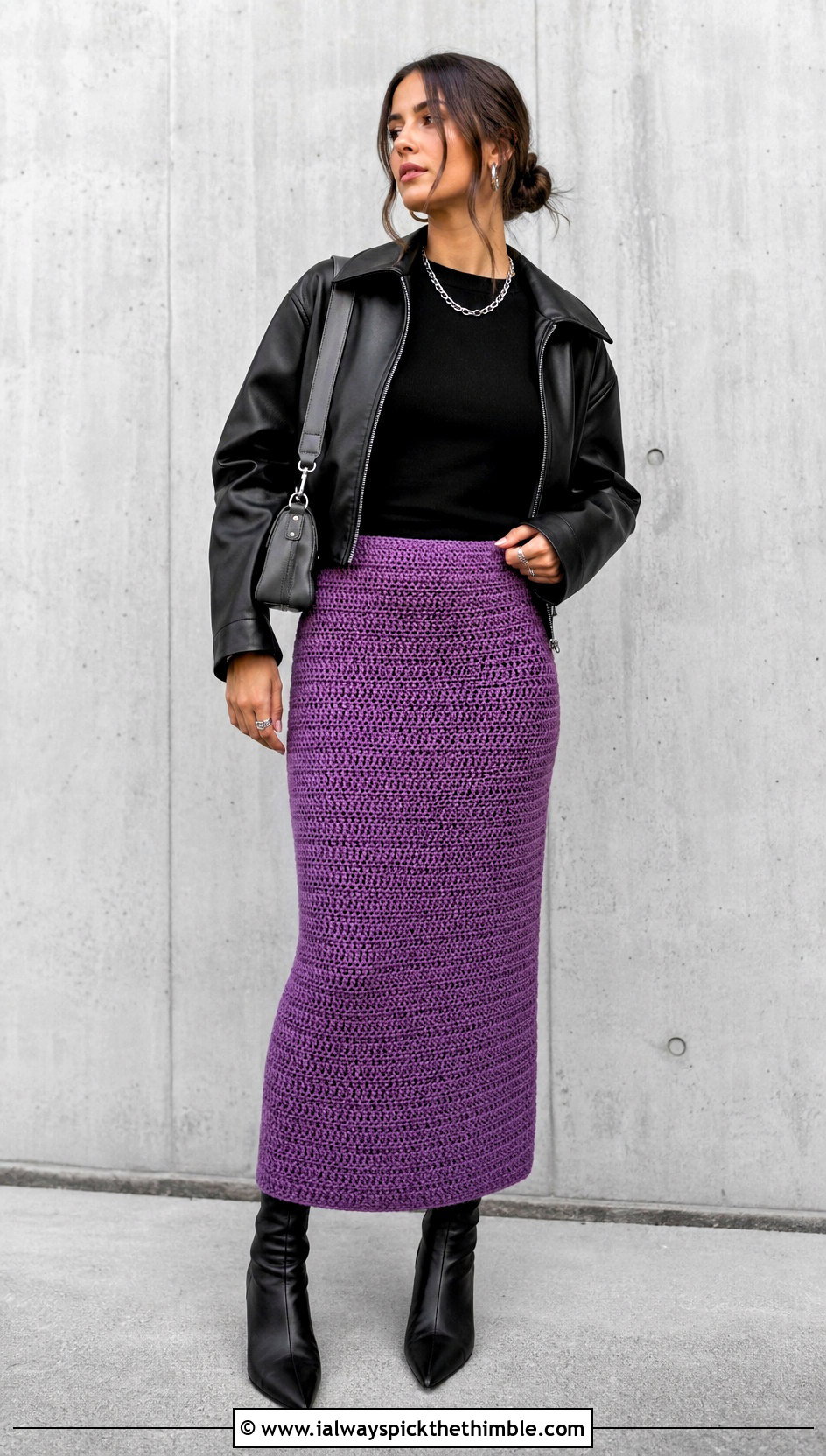 Straight Midi Crochet Skirt With Leather Jacket - 20 midi crochet skirt outfit ideas