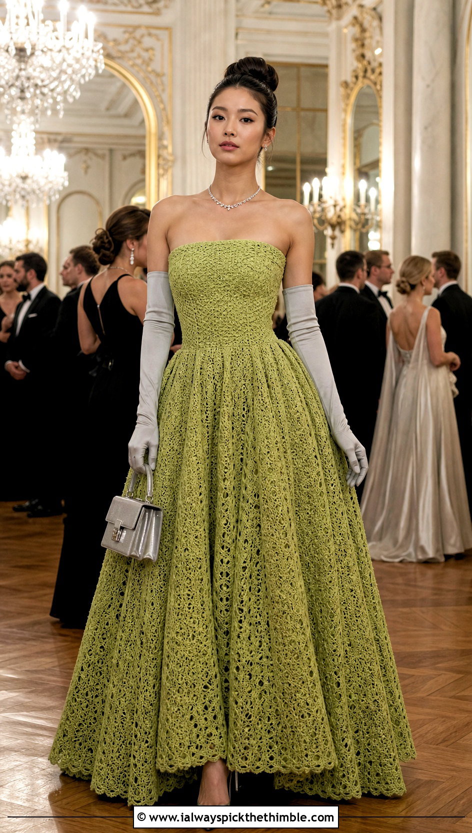 Strapless Crochet Ball Gown Dress With Opera Gloves - 20 crochet ball gown dress outfit ideas