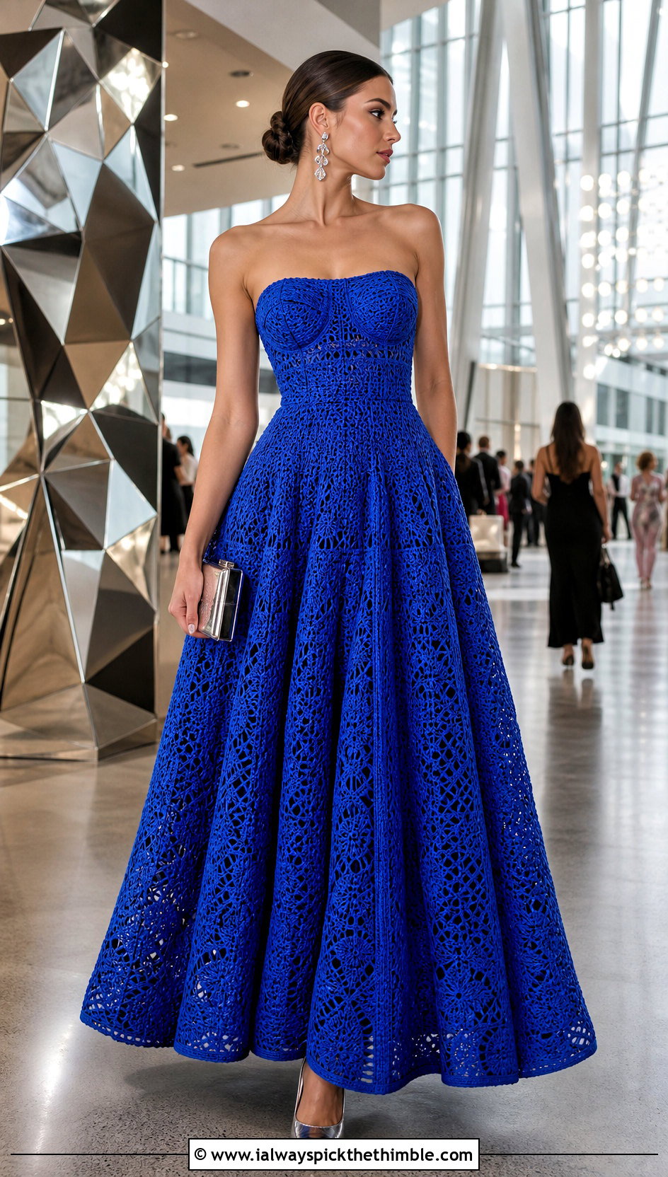 Strapless Crochet Ball Gown With Metallic Heels - 20 Crochet Ball Gown outfit ideas