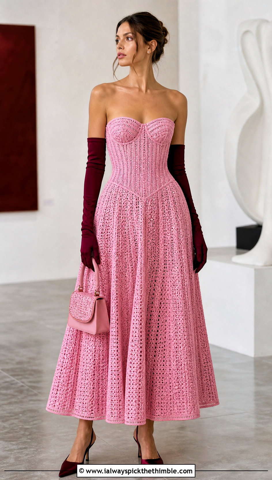 Strapless Crochet Corset Dress With Opera Gloves - 25 crochet formal dress outfit ideas