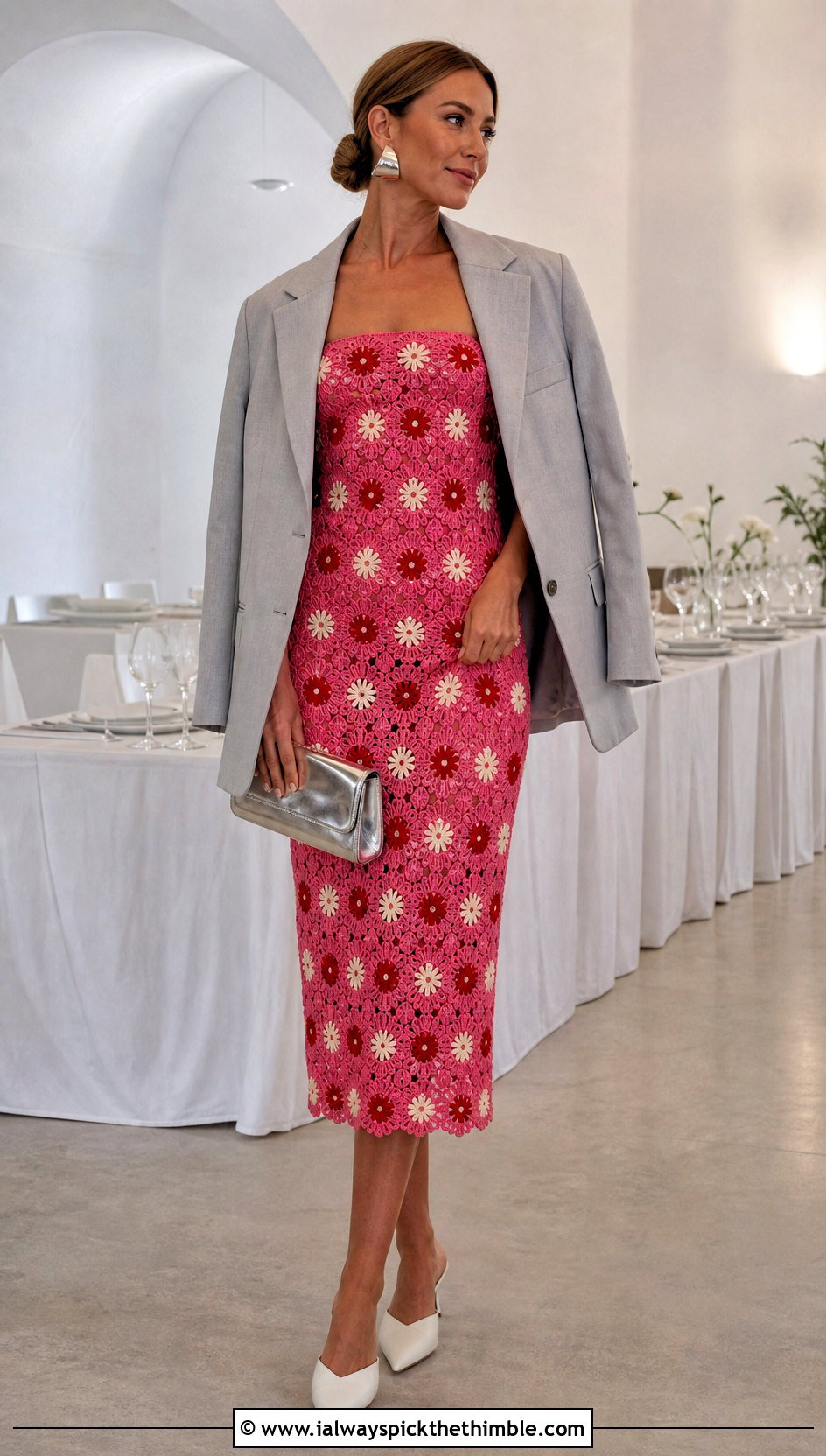 Strapless Crochet Daisy Dress With Oversized Blazer - 15 Crochet Daisy Dress outfit ideas