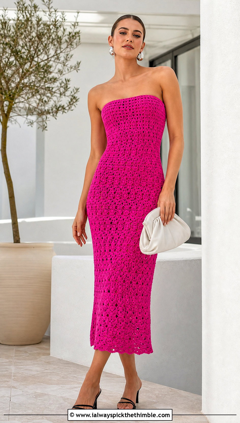 Strapless Crochet Midi Dress With Heeled Sandals - 25 crochet summer dress outfit ideas