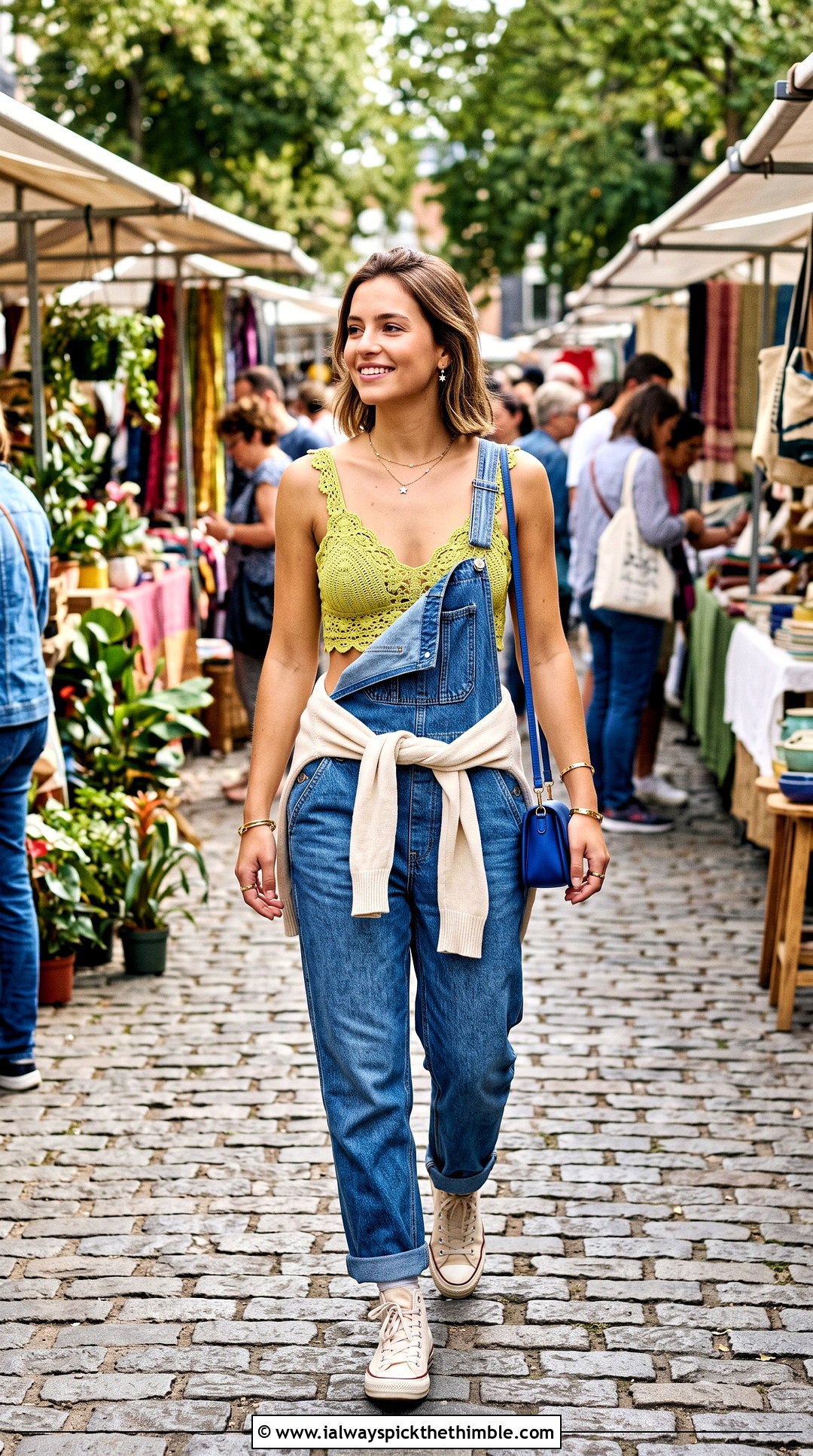 Strappy Crochet Lace Bralette With Charm Necklace And Denim Overalls - 15 crochet lace bralette with necklace outfit ideas