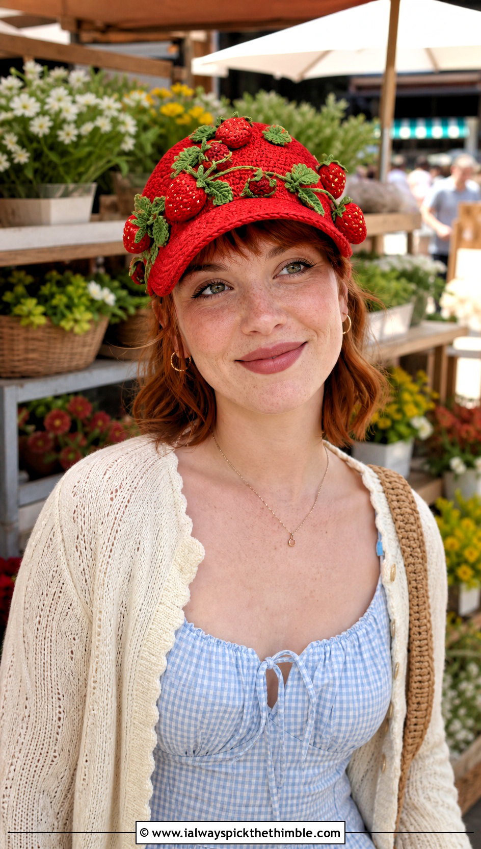 Strawberry Amigurumi Baseball Cap With Gingham Dress - 20 amigurumi baseball cap outfit ideas