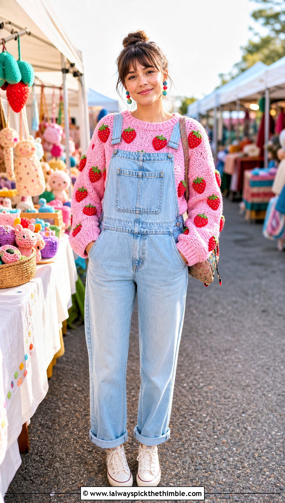 Strawberry Amigurumi Sweater With Denim Overalls - 20 amigurumi sweater outfit ideas