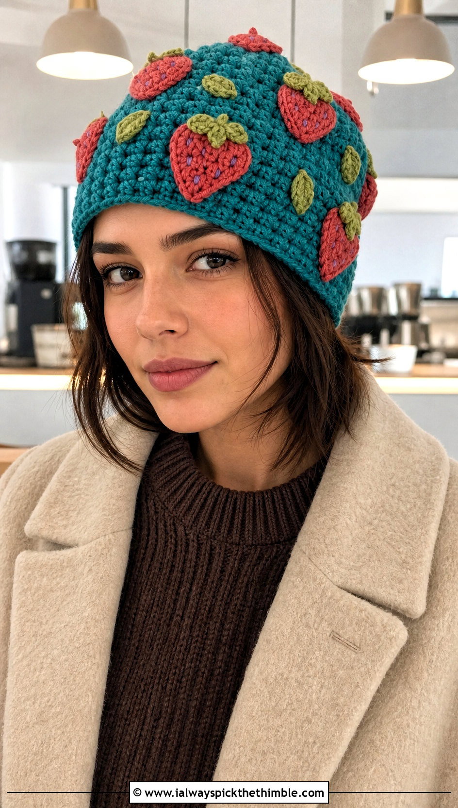 Strawberry Applique Crochet Beanie With Monochrome Outfit - 20 Crochet Strawberry Beanie outfit ideas