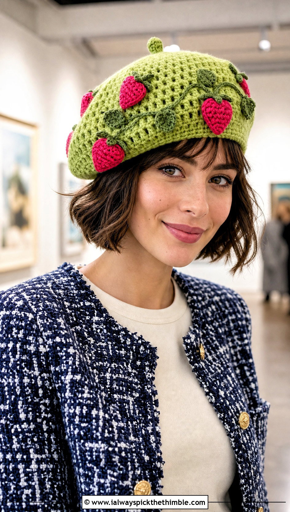 Strawberry Applique Crochet Beret With Tweed Jacket - 20 Strawberry Shortcake Crochet Hat outfit ideas