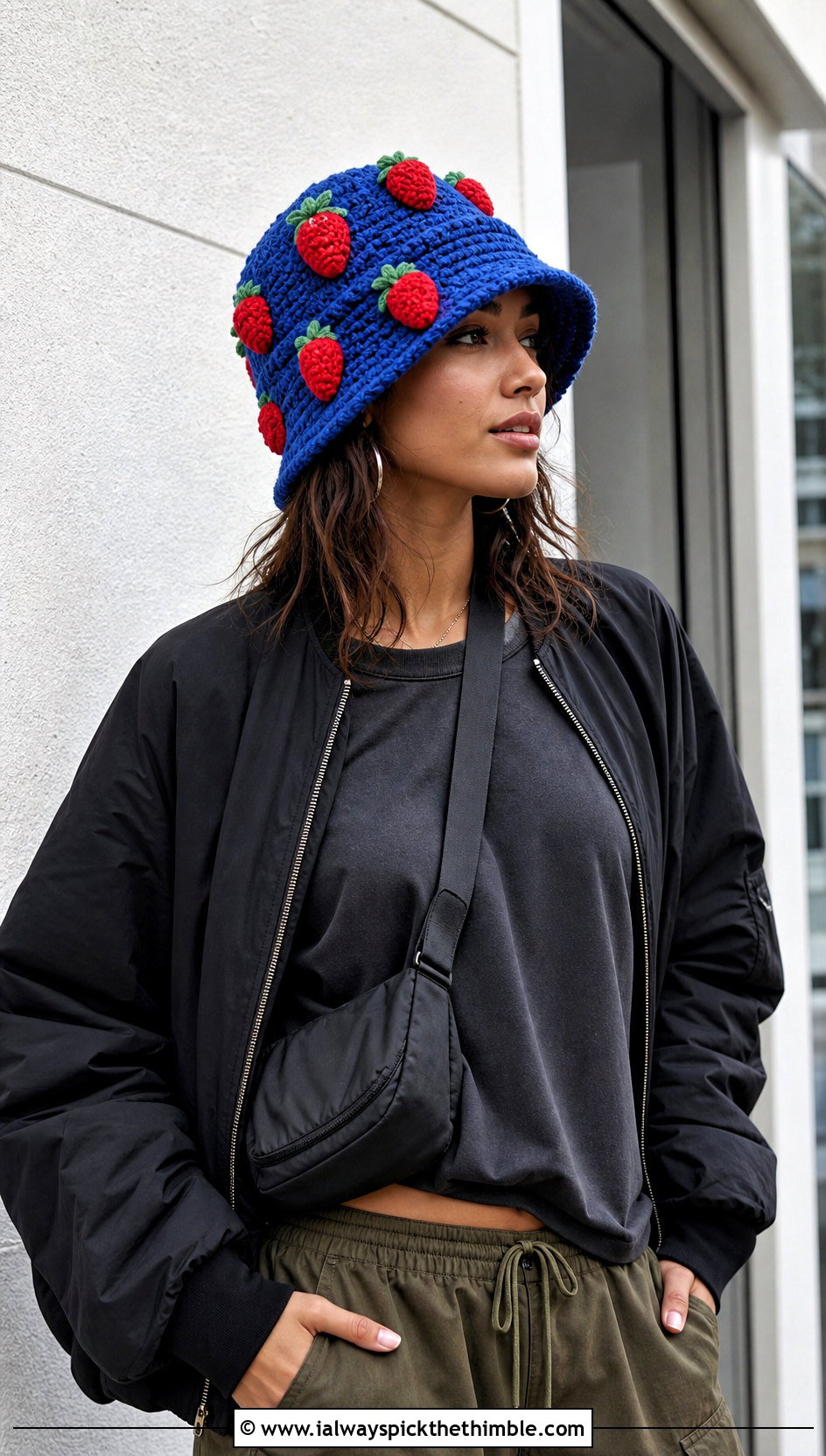 Strawberry Applique Crochet Bucket Hat With Cargo Pants - 15 strawberry crochet bucket hat outfit ideas