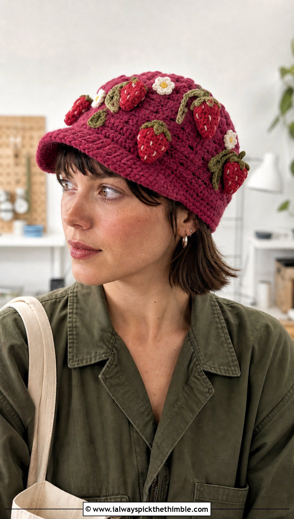 Strawberry Applique Crochet Cap With Utility Jumpsuit - 20 strawberry crochet hat outfit ideas