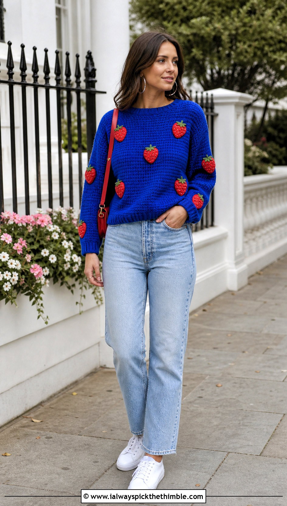 Strawberry Applique Crochet Pullover With Straight Leg Jeans - 15 Strawberry Crochet Sweater outfit ideas