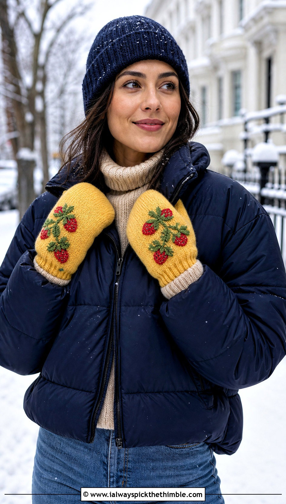 Strawberry Applique Mittens With Puffer Jacket - 20 Strawberry Crochet Gloves outfit ideas