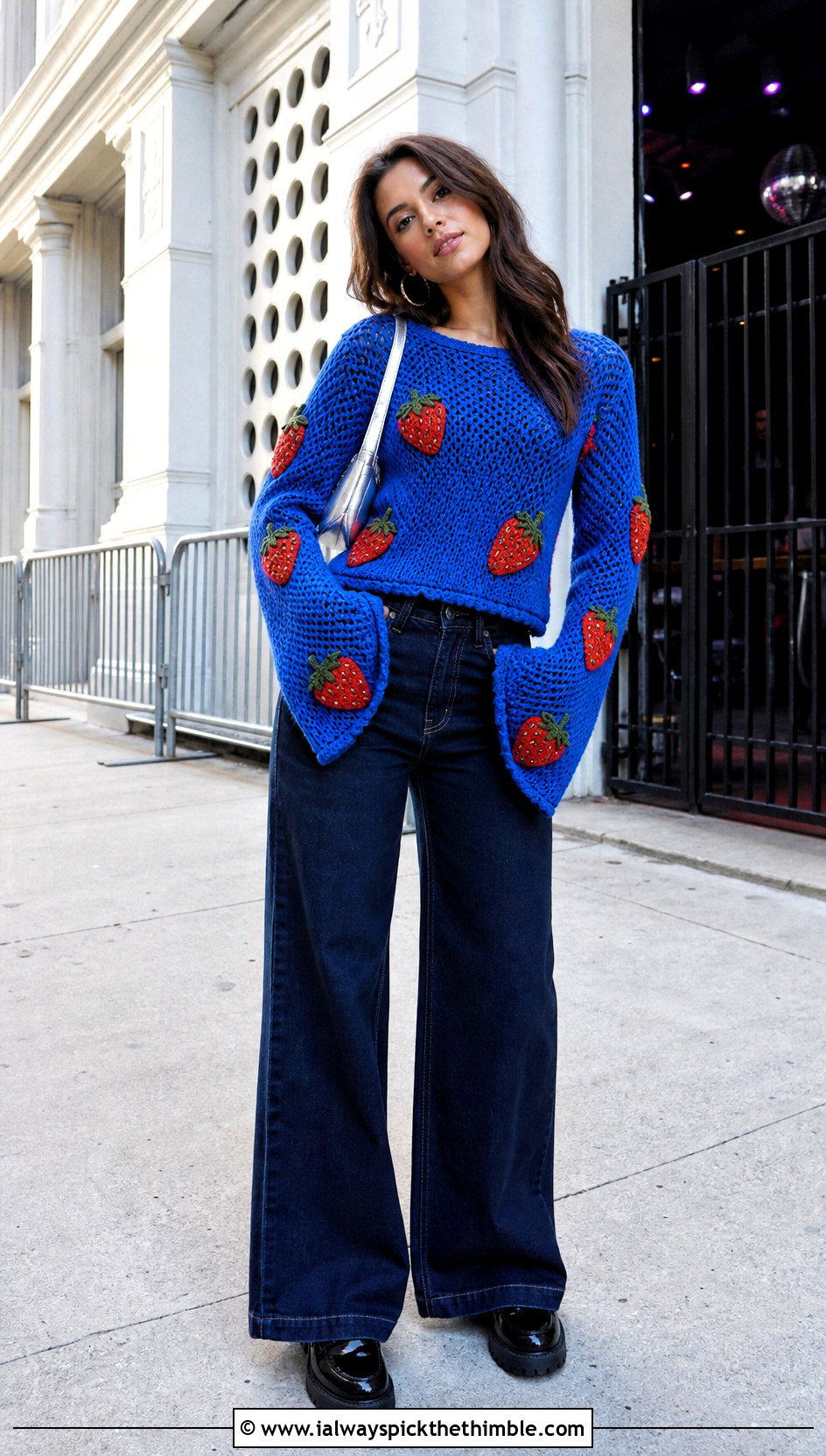Strawberry Bell Sleeve Crochet Sweater With Wide Leg Jeans - 15 Strawberry Crochet Sweater outfit ideas