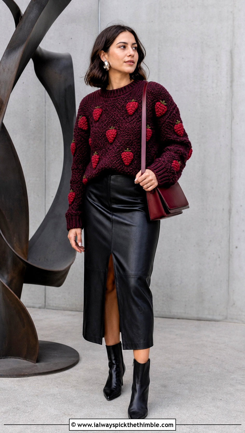 Strawberry Bobble Stitch Crochet Sweater With Leather Midi Skirt - 15 Strawberry Crochet Sweater outfit ideas