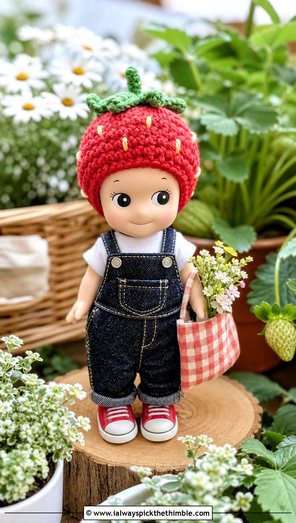 Strawberry Bonnet Sonny Angel Crochet Hat With Denim Overalls - 20 sonny angel crochet hat outfit ideas